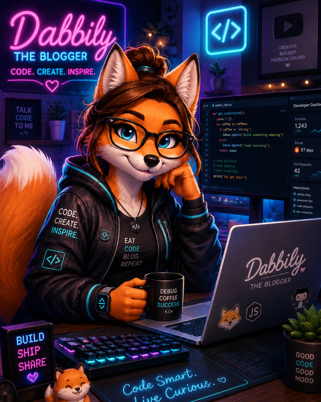 Dabbily the Blogger, an illustrated fox developer working at a computer.